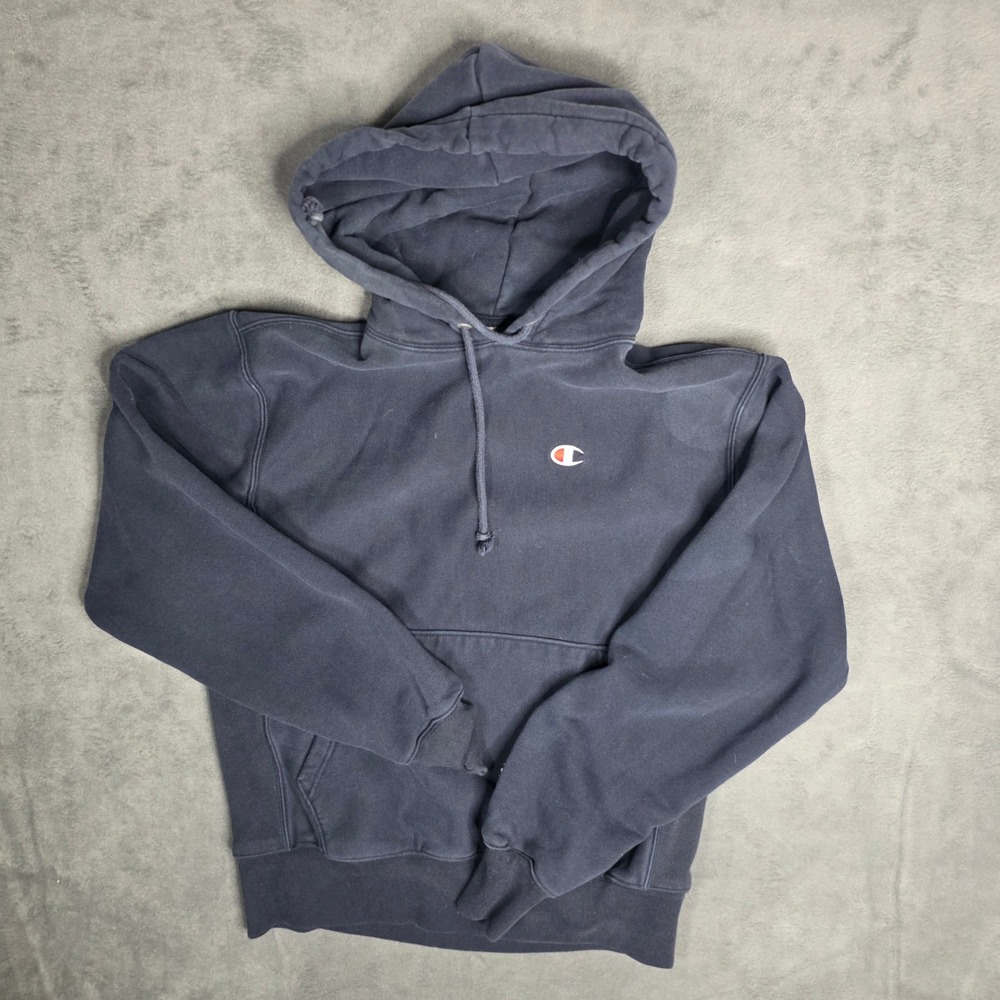 Champion Reverse Weave Hoodie Mens Medium Navy Blue Faded Vintage Sweatshirt